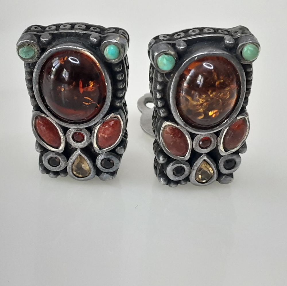 BARSE 925 Amber | Multi-Semi Precious Stone Rectangle Clip-On Earrings - Vtg - Picture 3 of 11
